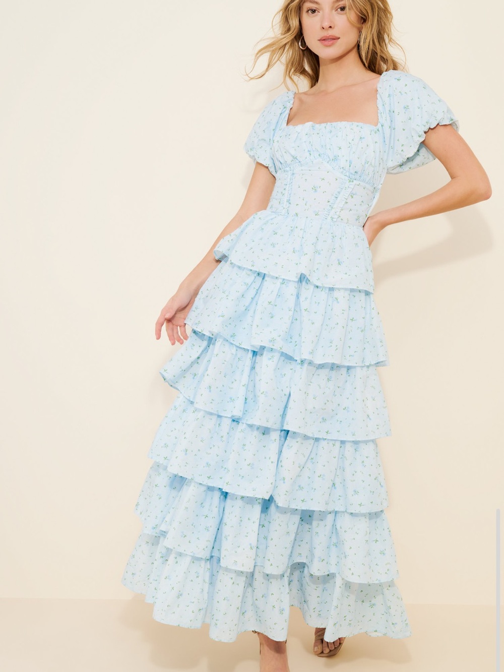 Amy Jane London Tiered Blue Floral Maxi Dress Small Romantic Coquette Milkmaid
